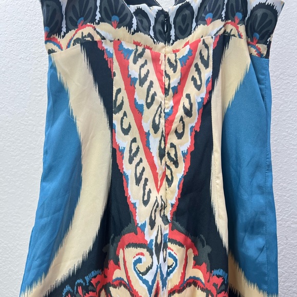 Aztec Floral Print Dress Summer Blue Spaghetti Strap Satin Silk Midi Tribal Gown - Picture 6 of 17